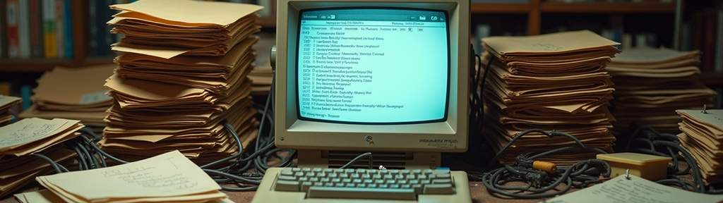 E-Mail-Archiv - Symbolbild alter Computer mit vielen Papierakten